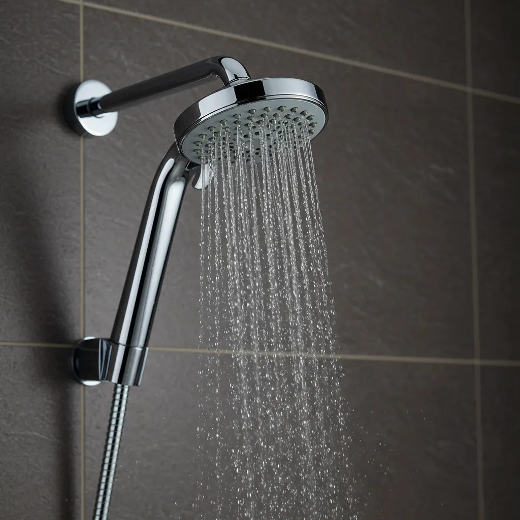 Photographie d'un pommeau de douche économique installé avec jet d'eau réduit et efficace