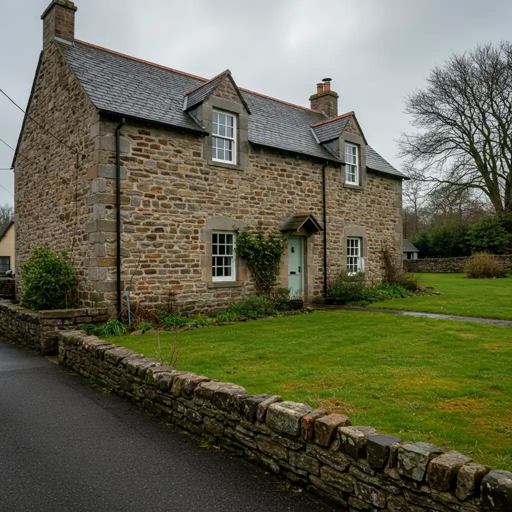 Façade d'une maison ancienne en pierre montrant les zones d'humidité et d'infiltration au niveau des fondations
