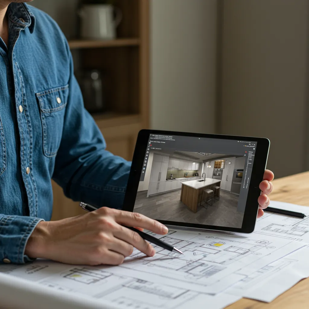 Client consultant des plans et modélisation 3D d'un projet de cuisine sur tablette, moment de décision et sécurisation du projet