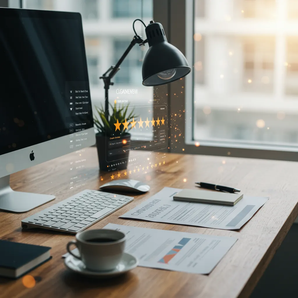 Espace de travail avec documents et interface numérique représentant les avis clients