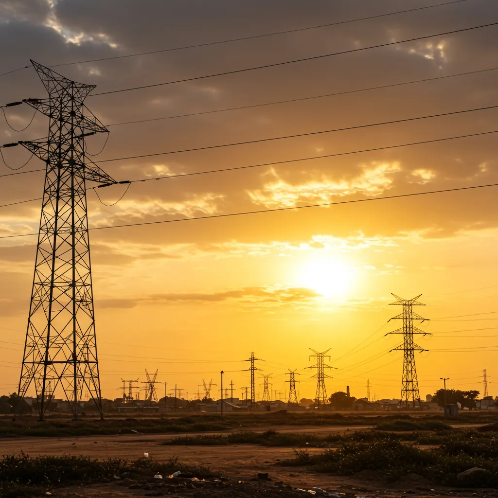 Paysage d'Afrique de l'Ouest avec infrastructures électriques modernes, représentant les activités d'Excellec SA au Sénégal
