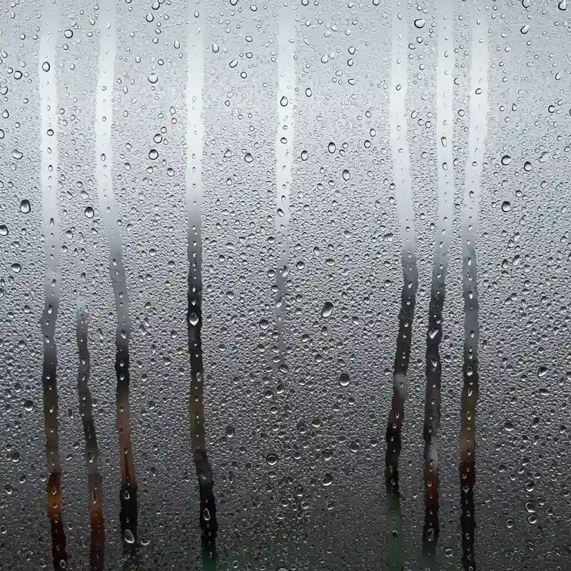 Gros plan détaillé de la condensation entre vitres d'une fenêtre avec gouttes d'eau emprisonnées