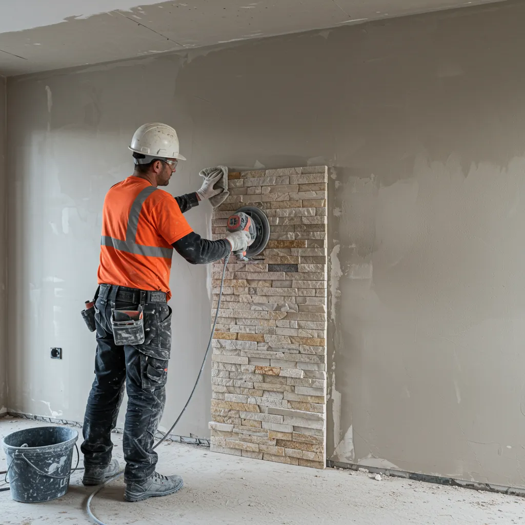 Préparation minutieuse d'une surface murale avant l'installation de feuille de pierre, montrant l'exigence de précision