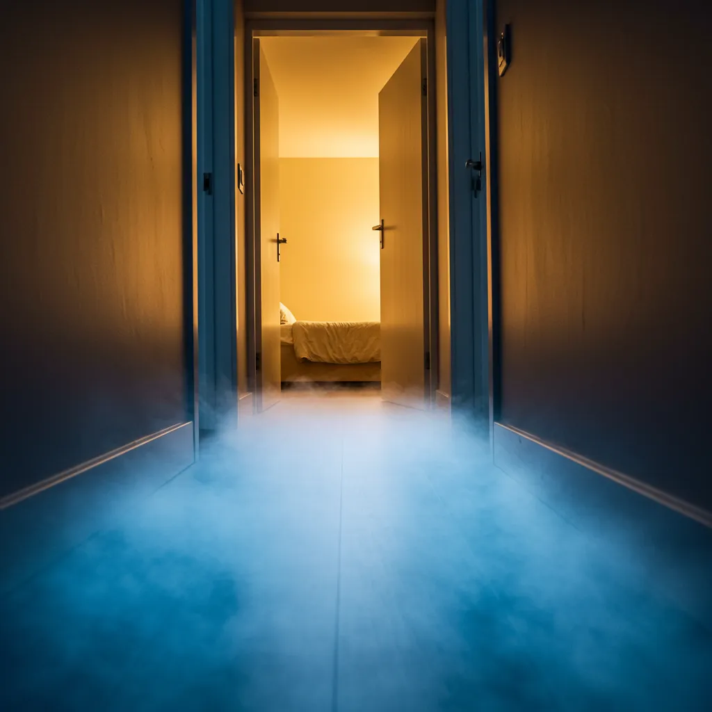 Stratification thermique dans un couloir montrant l'air froid qui stagne au sol et l'air chaud en hauteur