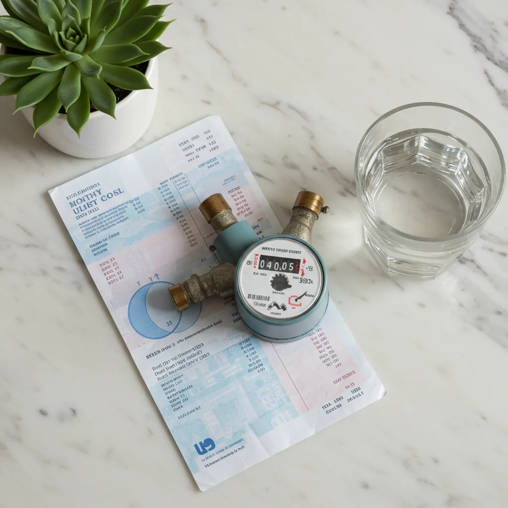 Compteur d'eau et facture mensuelle illustrant le coût réel de la consommation d'eau à la douche