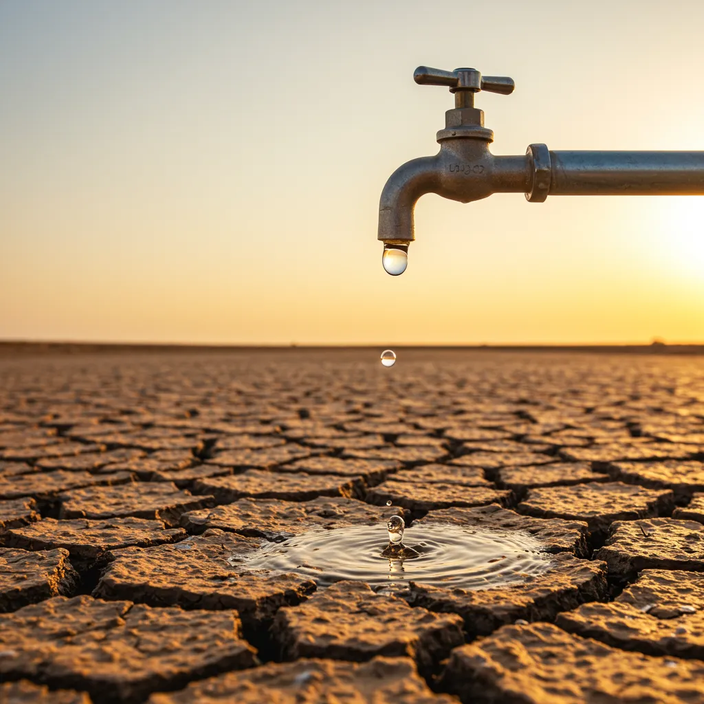 Sol aride fissuré symbolisant la pénurie d'eau et l'impact environnemental d'une consommation excessive