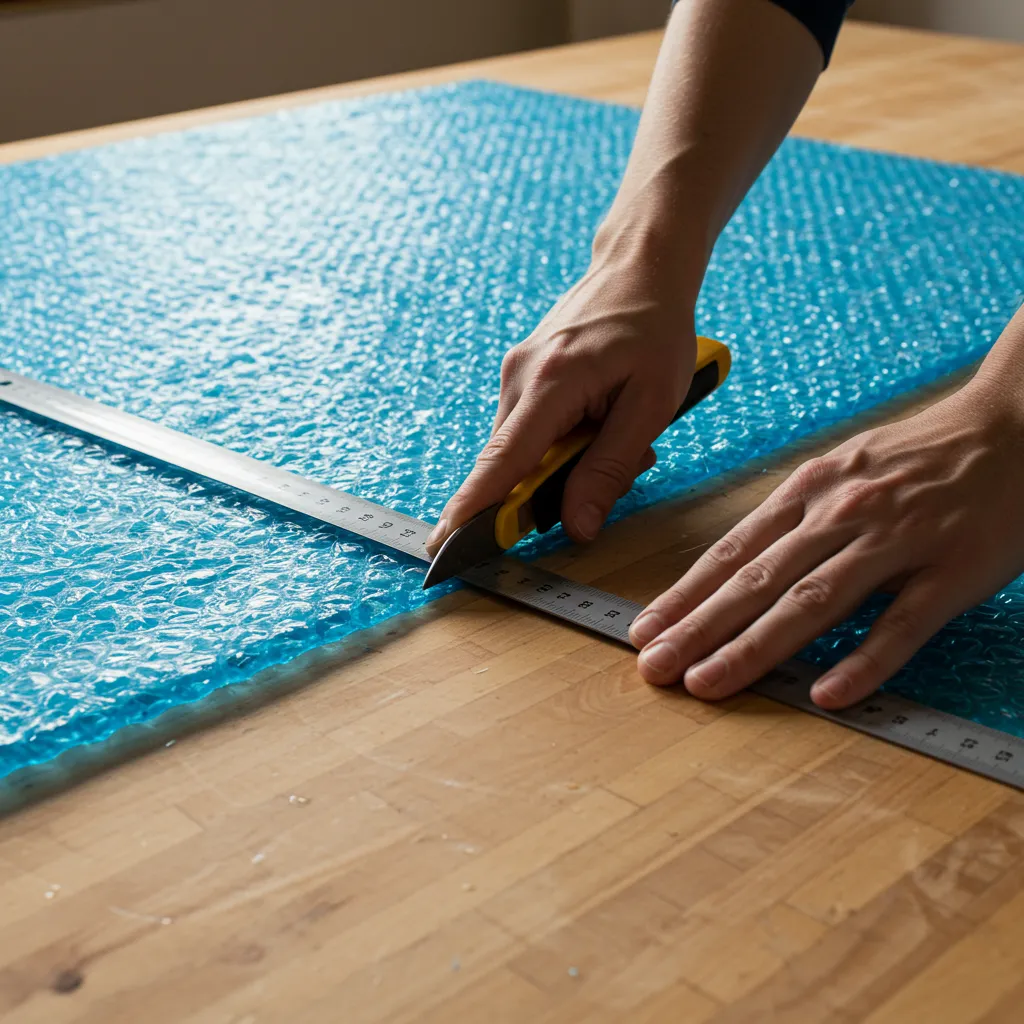 Découpe précise d'une bâche à bulle de piscine avec une lame affûtée sur une surface plane, avec marge de couture mesurée