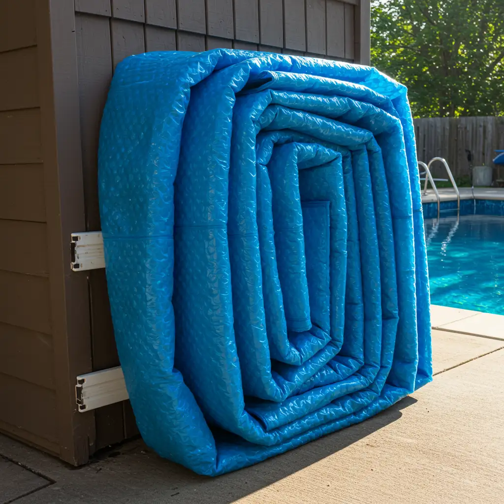 Bâche à bulle de piscine bien entretenue et soigneusement pliée, stockée à l'ombre en bord de piscine