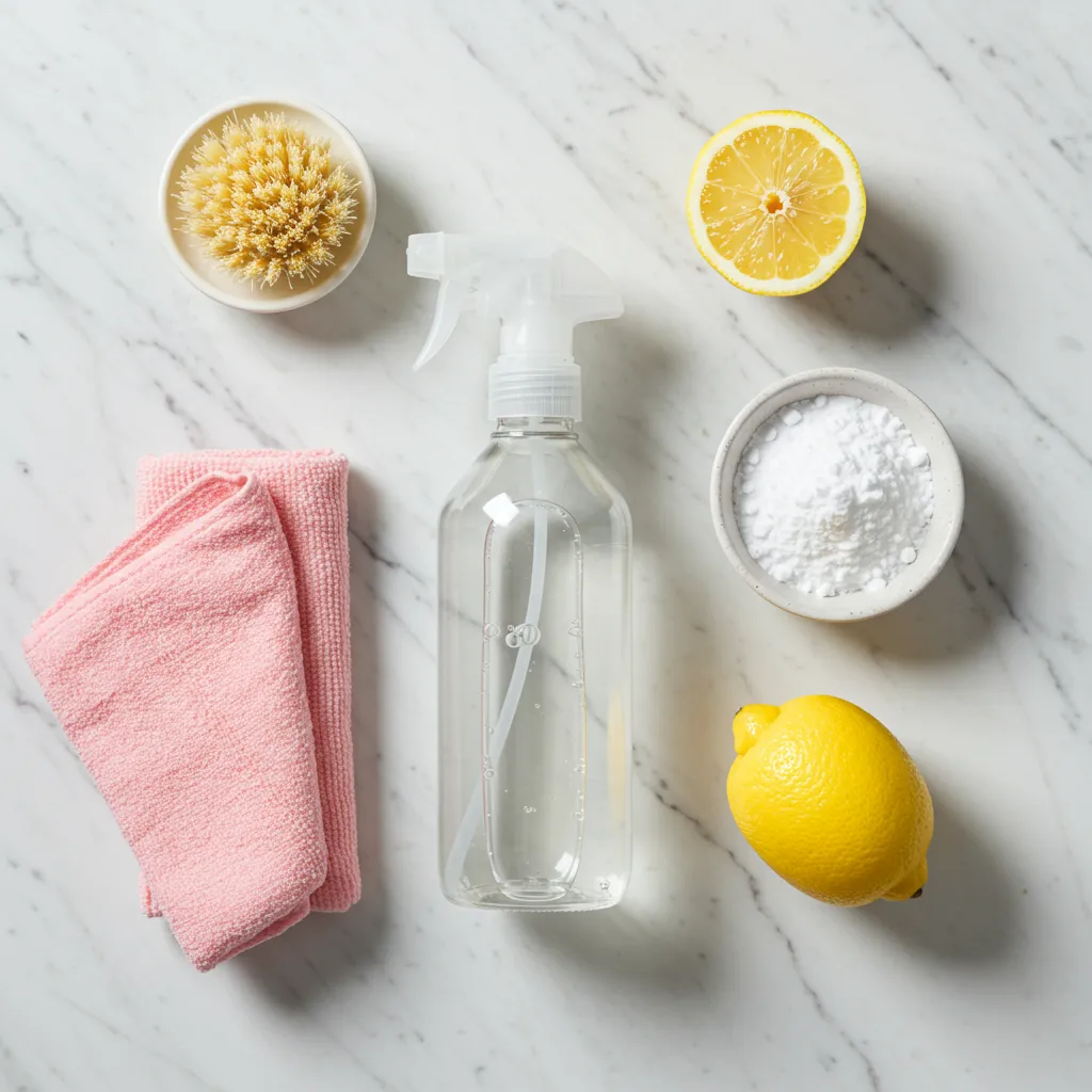 Produits naturels pour nettoyer une baignoire acrylique : vinaigre blanc, bicarbonate de soude, citron et éponge microfibre