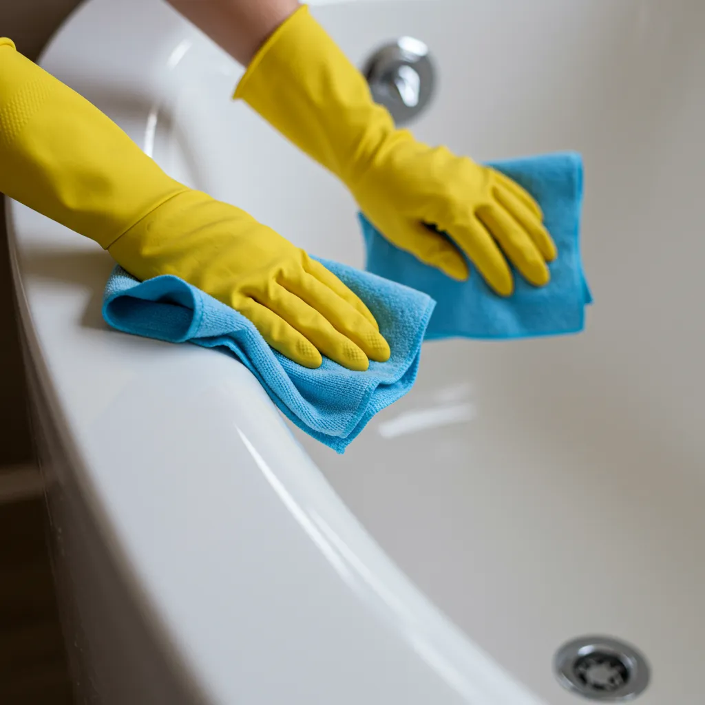 Nettoyage en douceur d'une baignoire acrylique avec un chiffon microfibre et des gants de protection