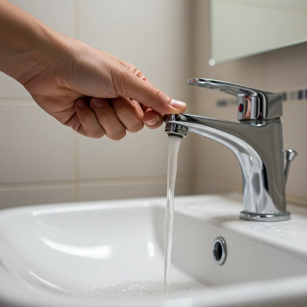 Main ouvrant un robinet de salle de bain pour purger l'eau et vérifier sa clarté — étape du diagnostic d'eau marron