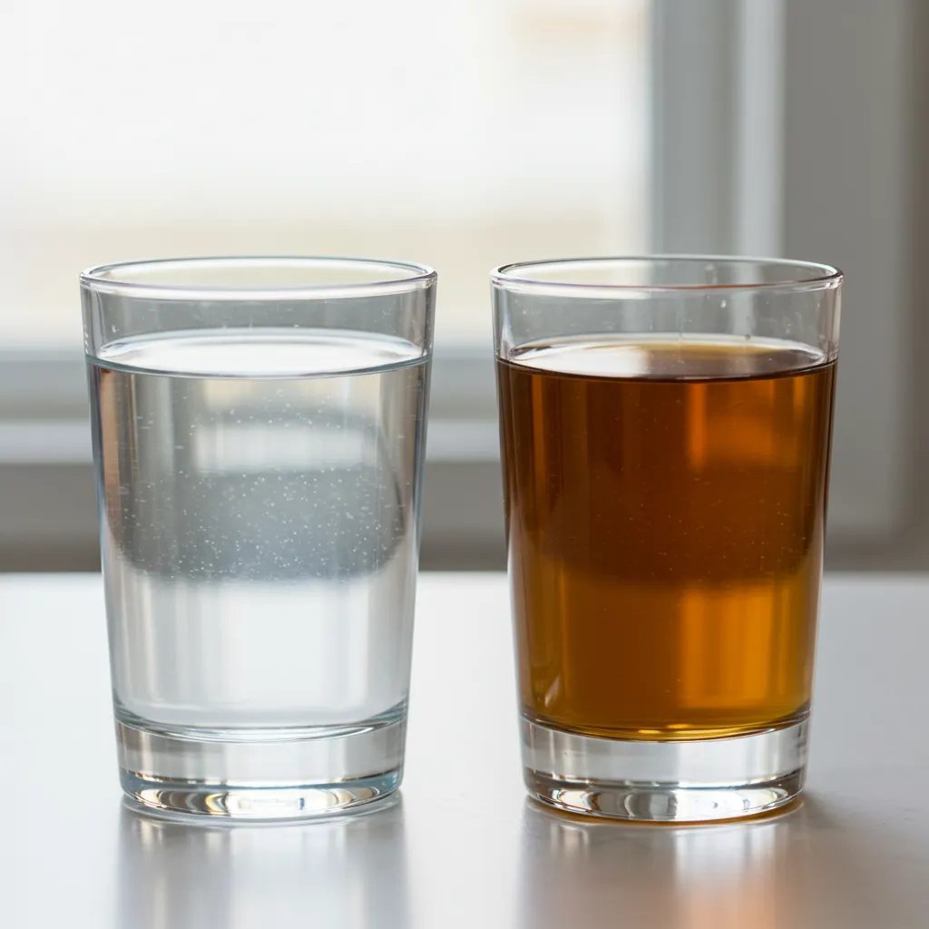 Comparaison de deux verres d'eau côte à côte, l'un clair et l'autre marron, illustrant les usages autorisés et interdits de l'eau colorée
