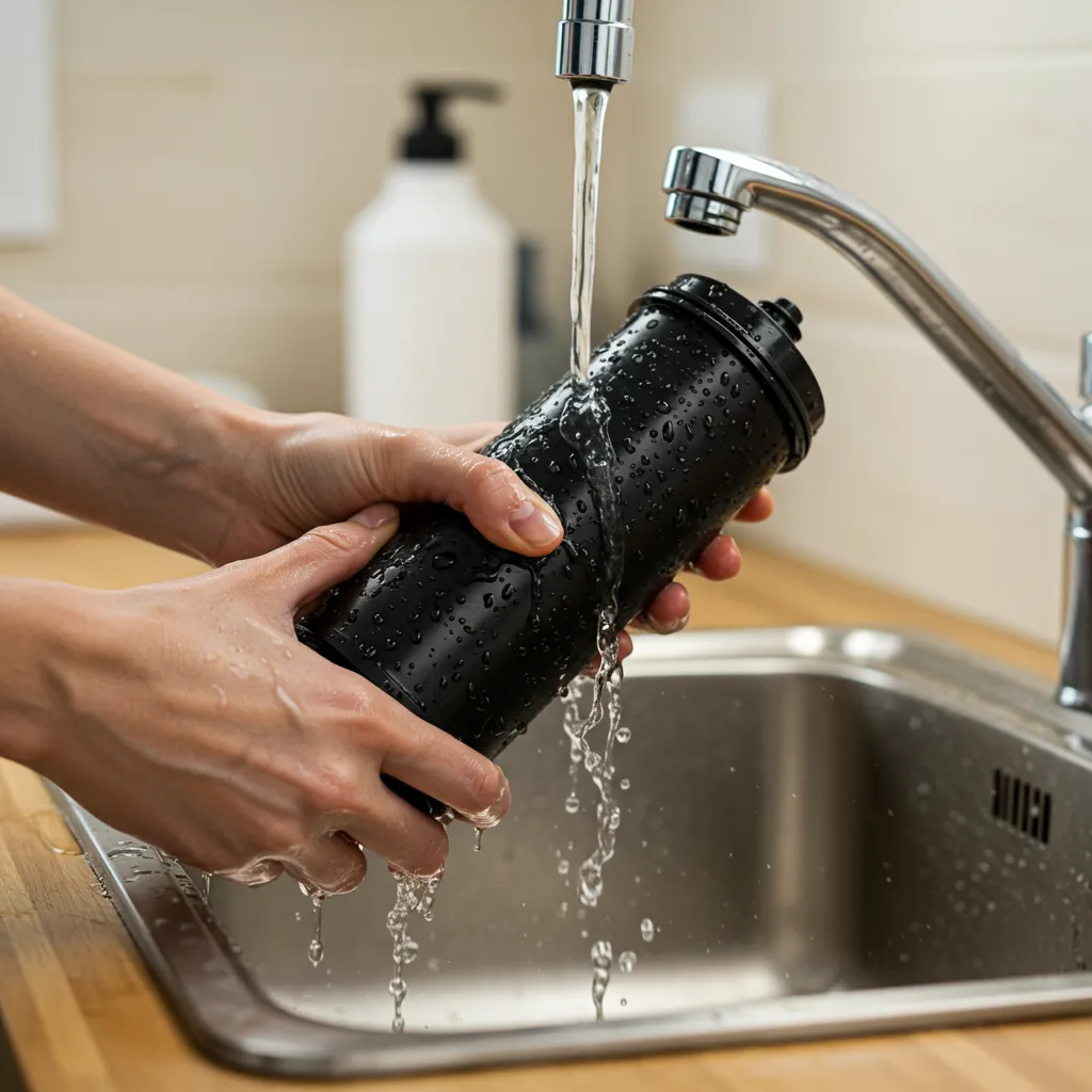 Mains effectuant l'entretien d'une cartouche de filtre à eau, illustrant les bonnes pratiques de nettoyage pour éviter les risques de contamination