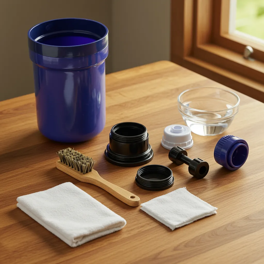 Kit d'entretien organisé pour filtre à eau par gravité, illustrant le guide de maintenance recommandé pour garantir la sécurité et la longévité du système