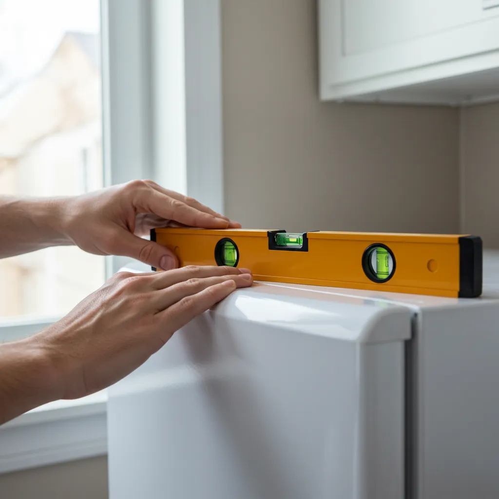 Vérification du nivellement d'un réfrigérateur avec un niveau à bulles posé sur le dessus