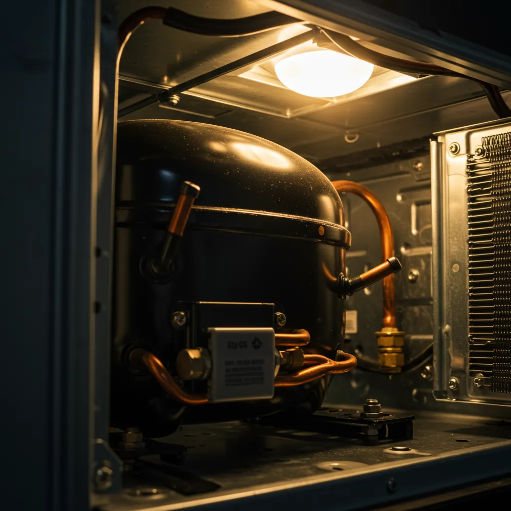 Compresseur de réfrigérateur visible à l'arrière de l'appareil avec tuyaux de circuit frigorigène