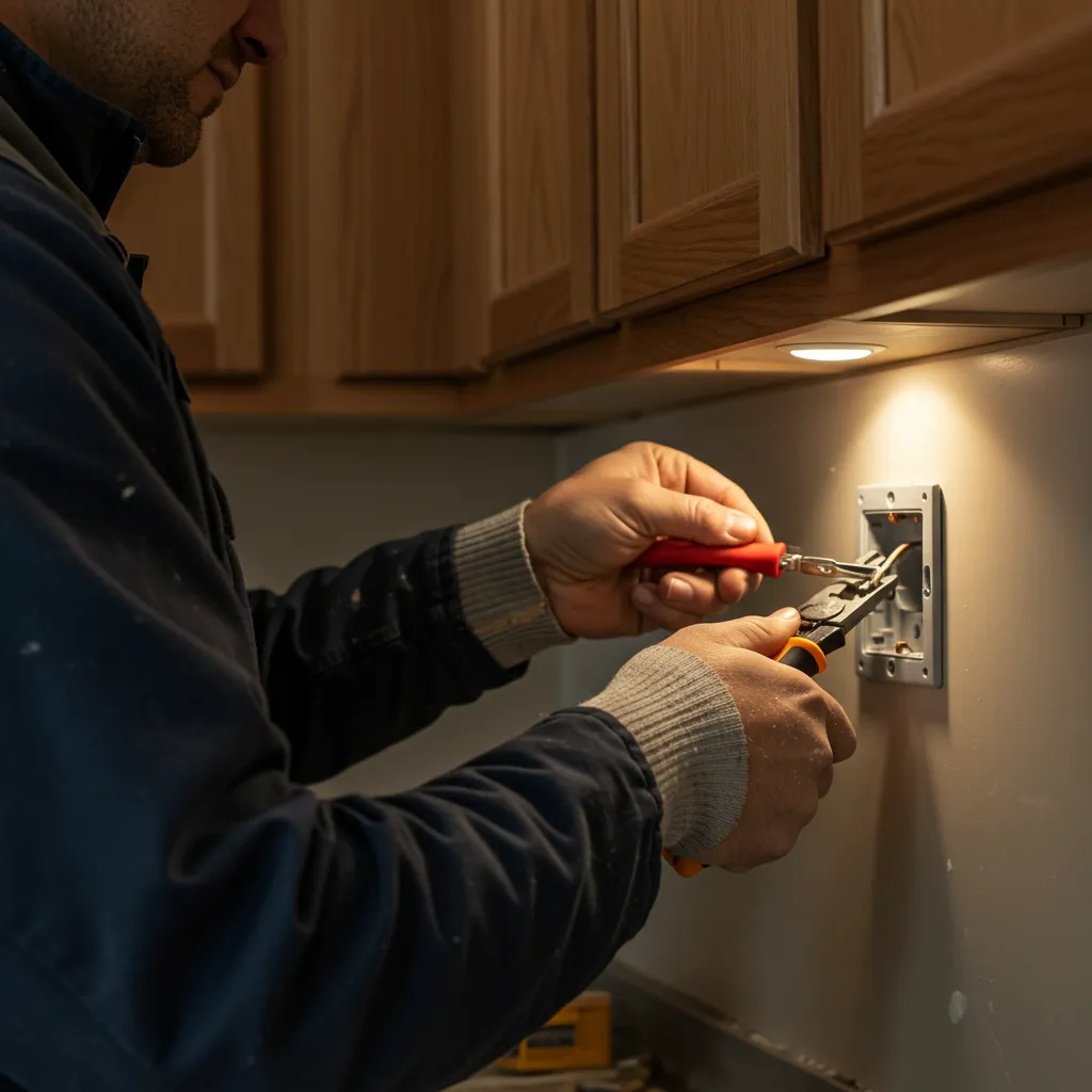 Électricien certifié installant une prise murale dédiée dans une cuisine pour brancher un réfrigérateur en toute sécurité