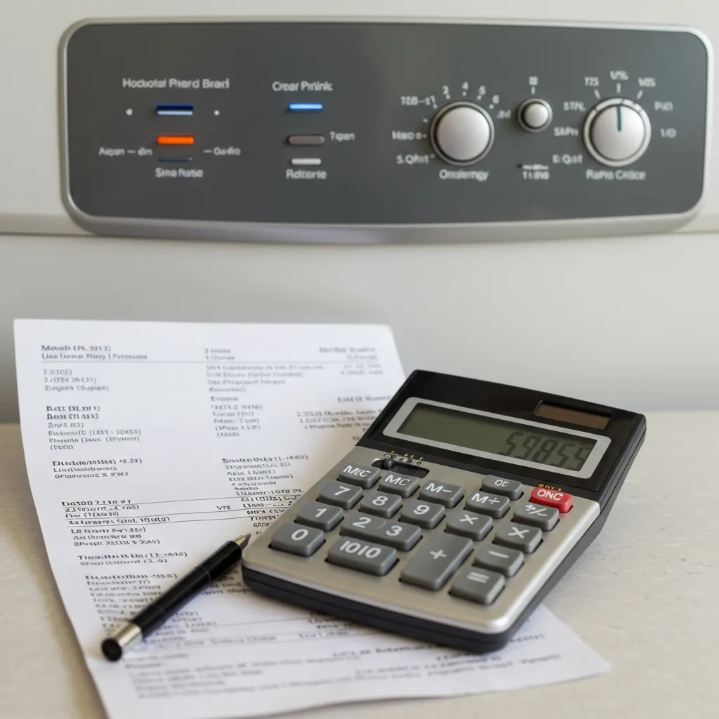 Calculatrice et facture d'énergie posées devant un sèche-linge, illustrant le calcul du retour sur investissement