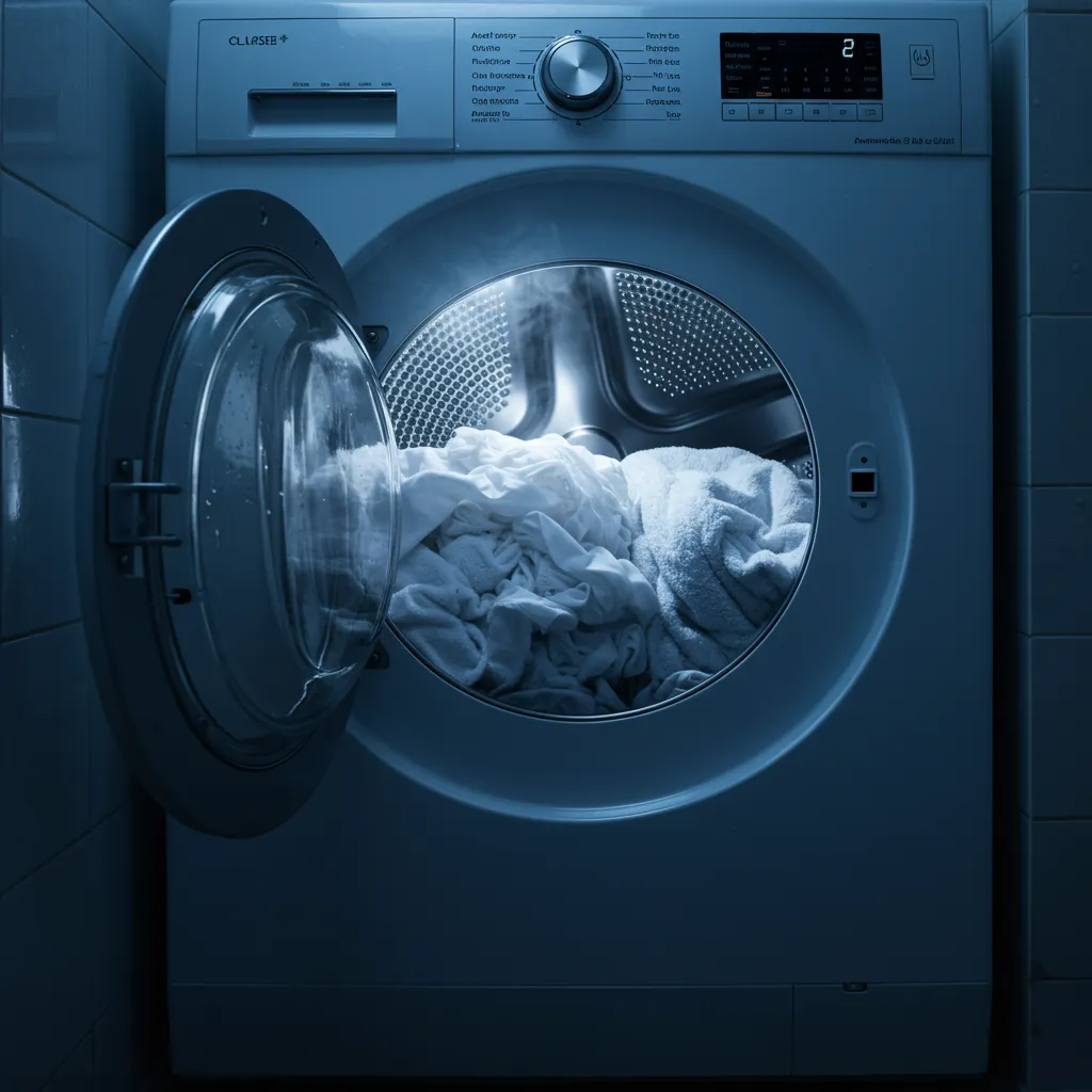 Tambour d'un sèche-linge ouvert avec du linge humide, dans une buanderie fraîche illustrant les longs cycles de séchage