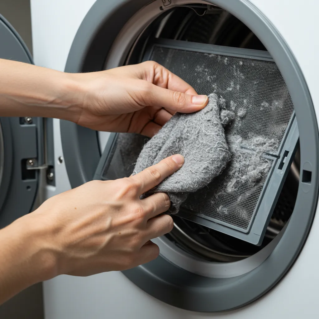 Nettoyage du filtre à peluches d'un sèche-linge à pompe à chaleur, illustrant les contraintes d'entretien régulier