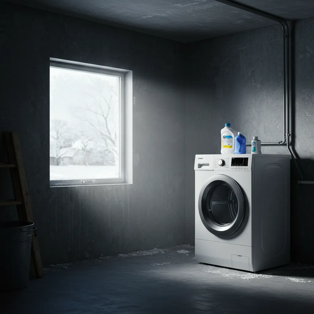Sèche-linge à pompe à chaleur installé dans un garage froid en hiver, illustrant la sensibilité de l'appareil aux basses températures ambiantes