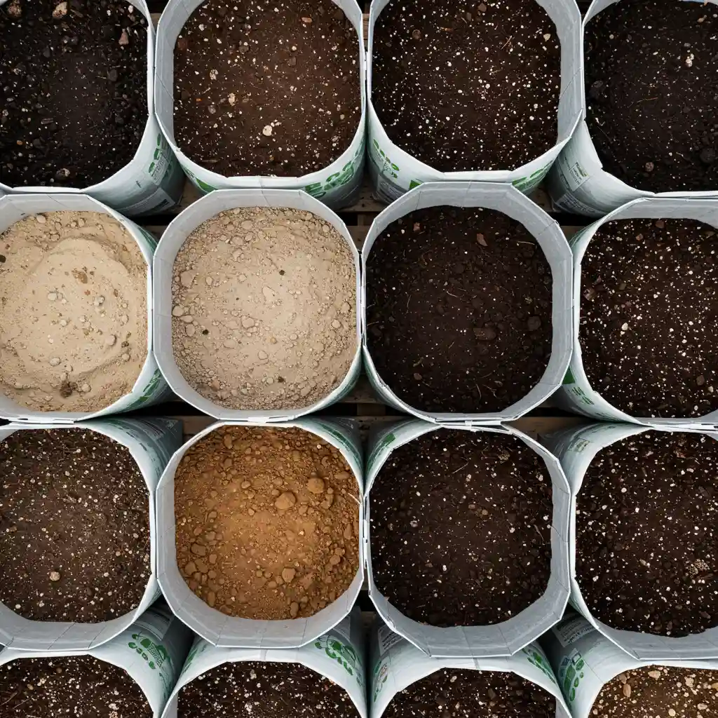 Différents types de terreau côte à côte montrant leurs textures et compositions variées qui influencent leur densité et leur poids au mètre cube