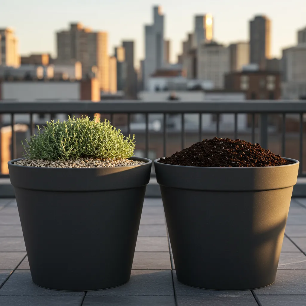 Comparaison visuelle entre terreau léger et terre végétale lourde dans des bacs de jardin sur un balcon, illustrant la différence de poids critique pour les structures