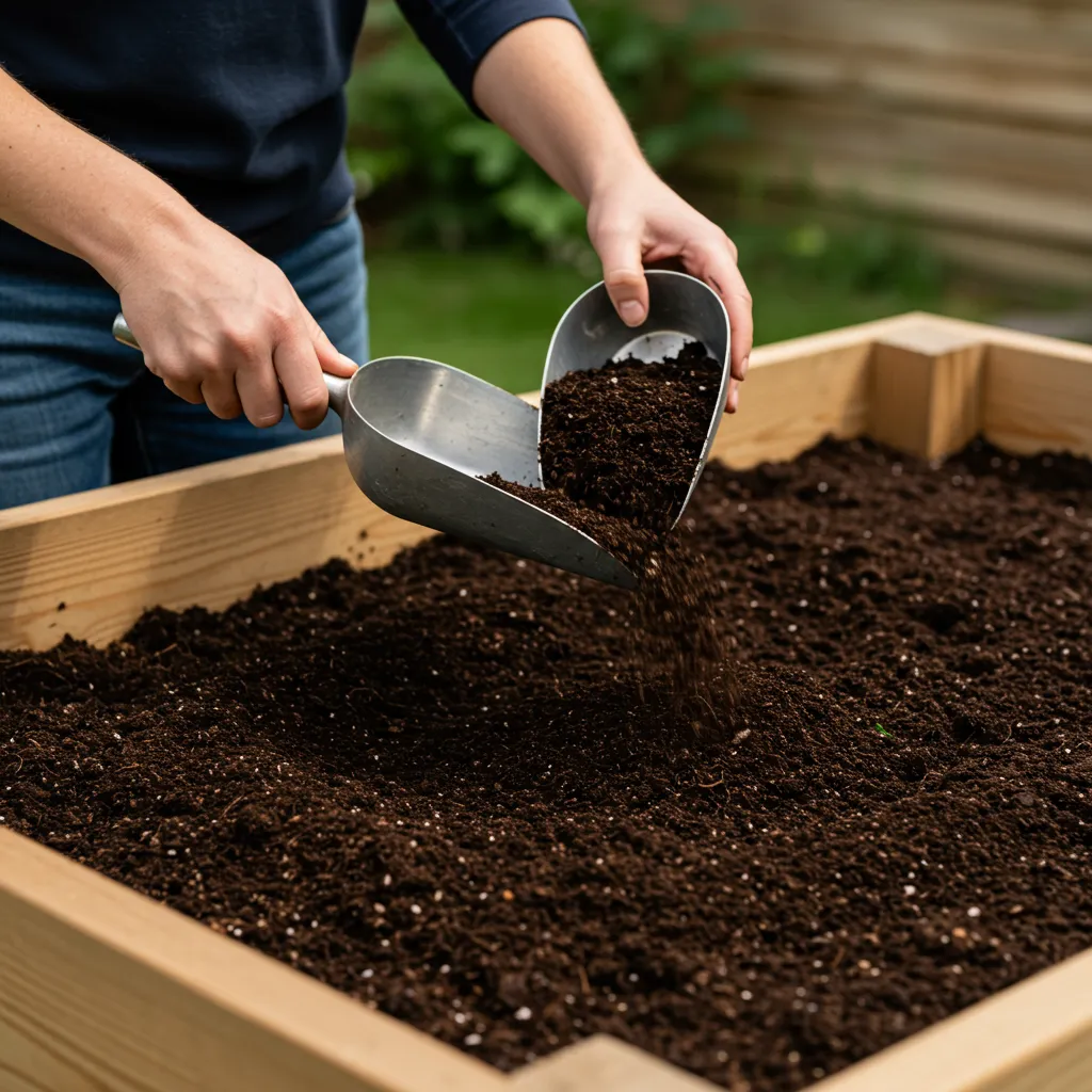 Remplissage d'un carré potager surélevé avec du terreau, illustrant le calcul pratique du volume et du poids nécessaire pour un projet de jardinage