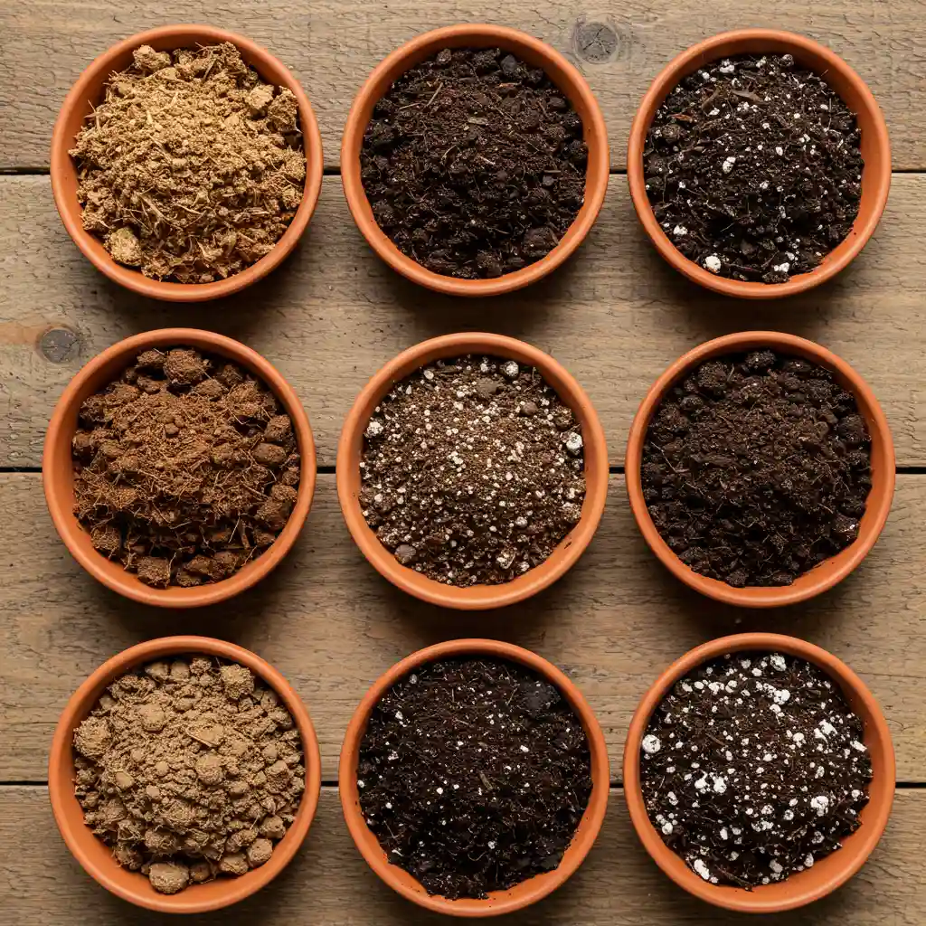 Vue de dessus de différents types de terreau disposés dans des coupelles en terre cuite, montrant la variation de texture et de densité selon la composition