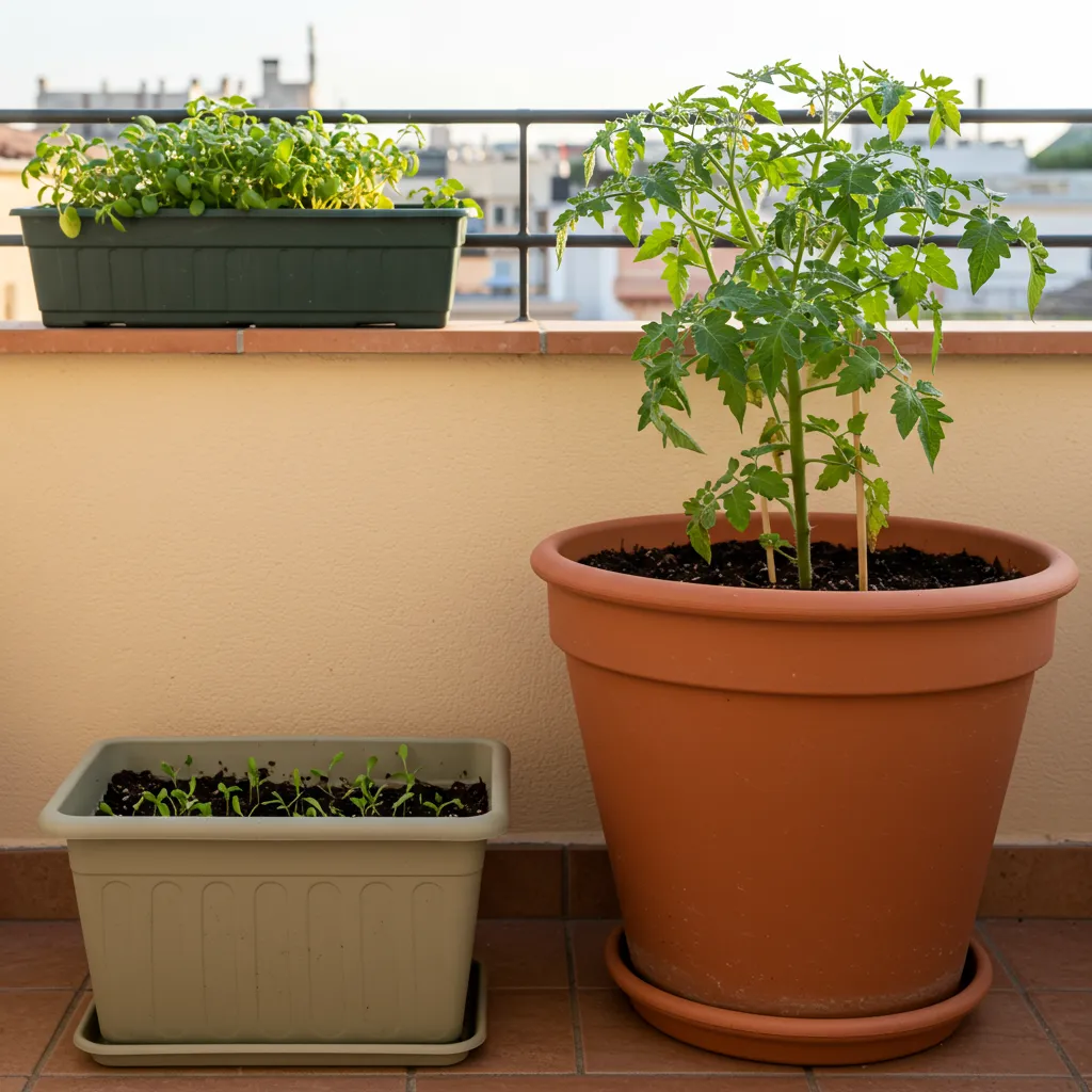 Comparaison côte à côte d'un bac léger de balcon avec terreau aéré et semis, et d'un grand pot lourd avec terreau enrichi supportant des plants de tomates