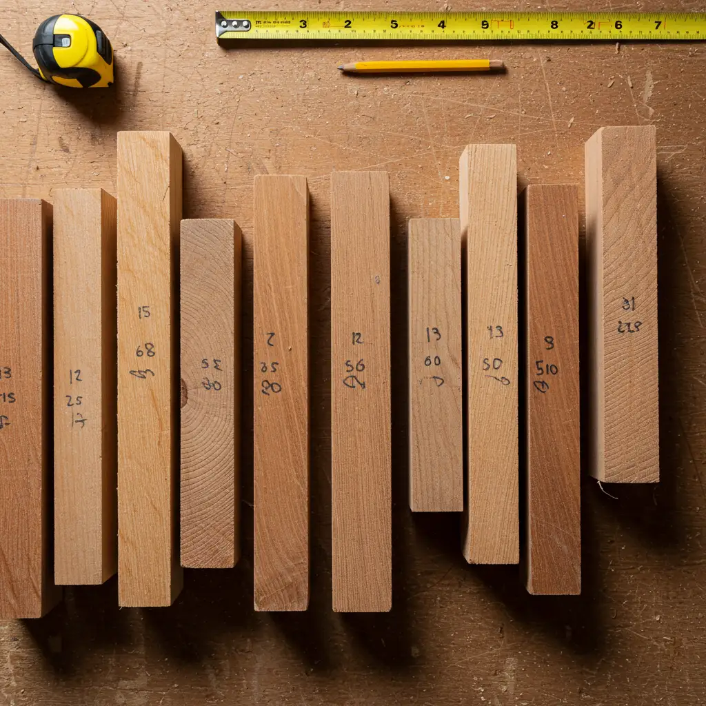 Différentes sections commerciales de bois massif résineux disposées côte à côte sur un établi de charpentier, illustrant les dimensions standards utilisées en charpente