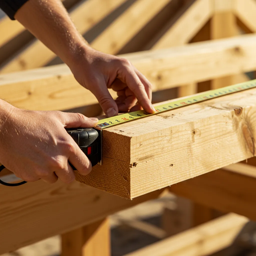 Charpentier mesurant la portée libre entre deux appuis d'une panne en bois sur chantier, démontrant l'importance du paramètre de portée dans le dimensionnement