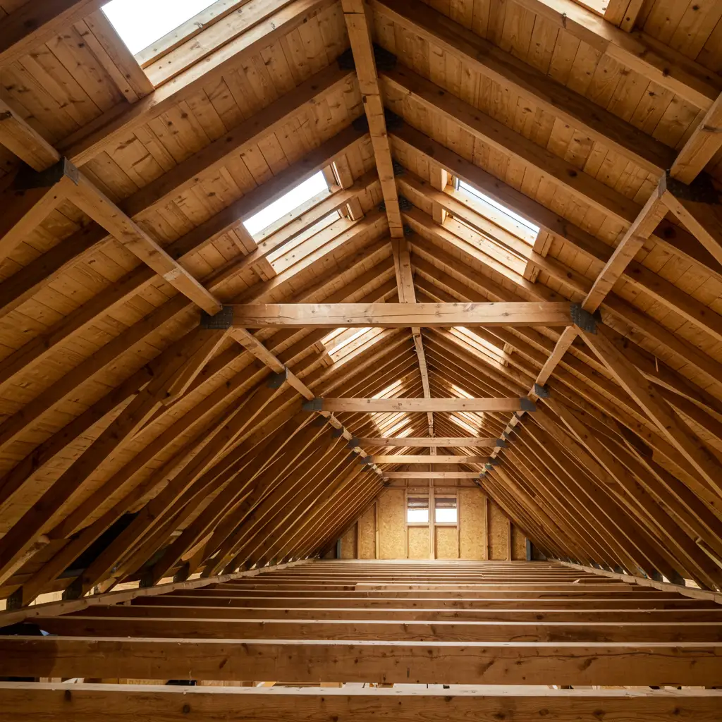 Vue intérieure d'une charpente bois traditionnelle depuis les combles, montrant l'assemblage régulier des chevrons, pannes et arbalétriers en bois massif