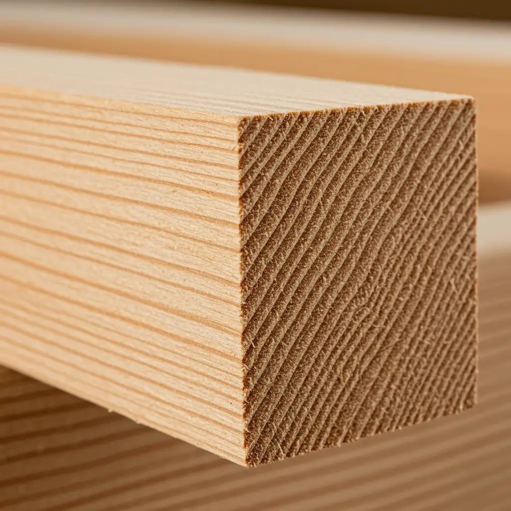 Gros plan sur la section transversale d'une poutre en bois lamellé-collé montrant les lamelles superposées et collées