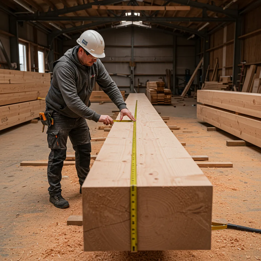 Professionnel mesurant une poutre en bois lamellé-collé sur un chantier de construction