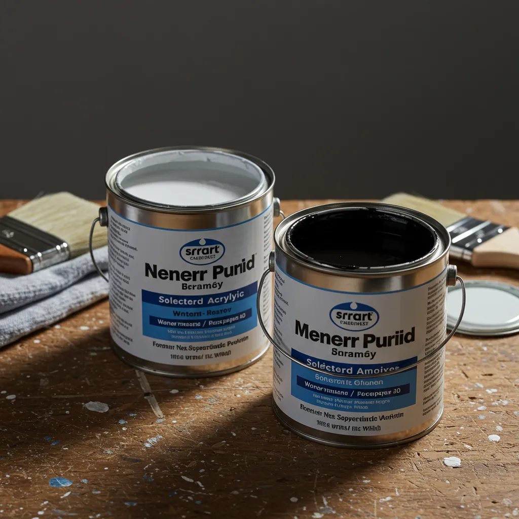 Comparaison visuelle entre un pot de peinture acrylique en phase aqueuse et un pot de peinture glycérophtalique en phase solvant