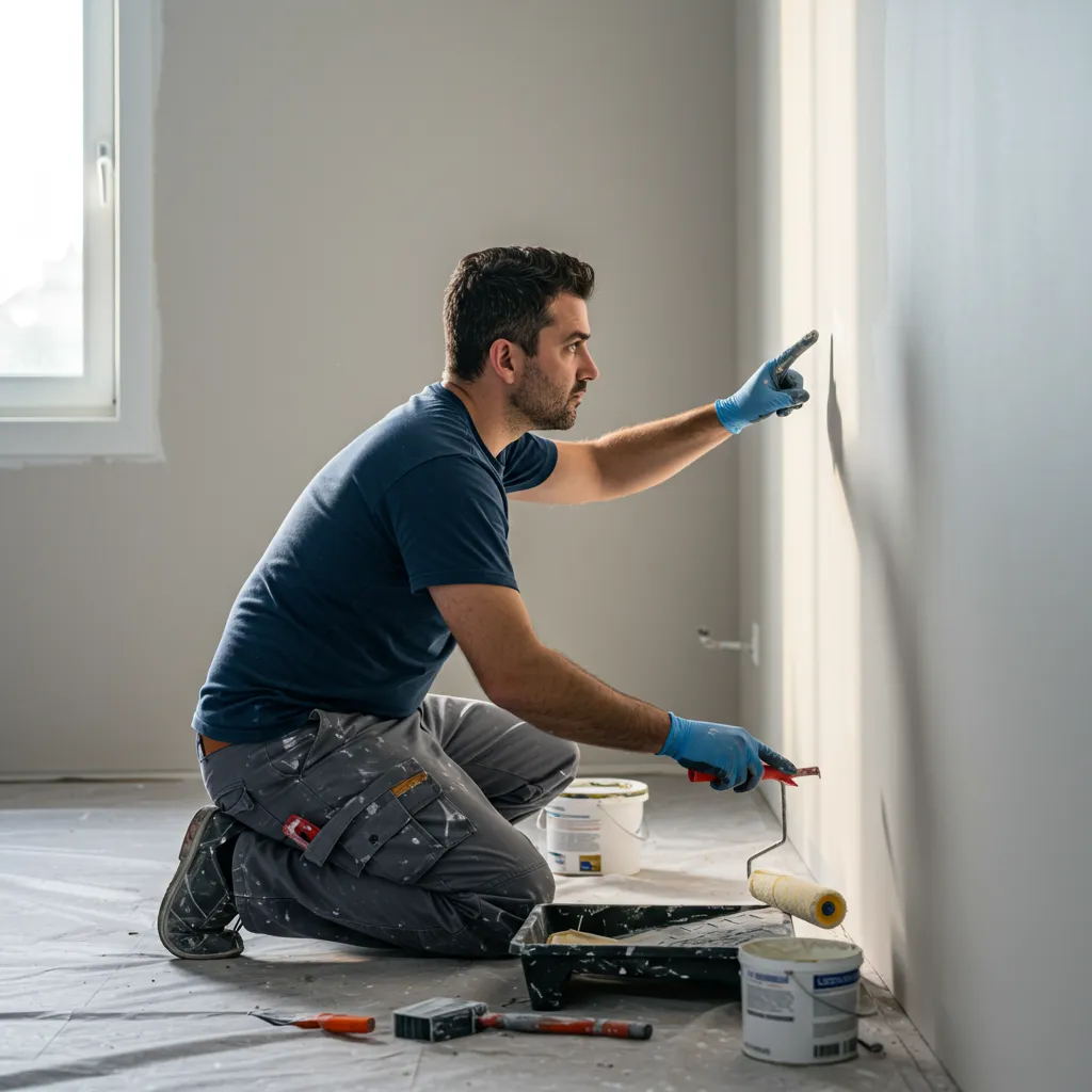 Professionnel de la peinture vérifiant la qualité d'adhérence d'une peinture acrylique appliquée sur un ancien support glycéro