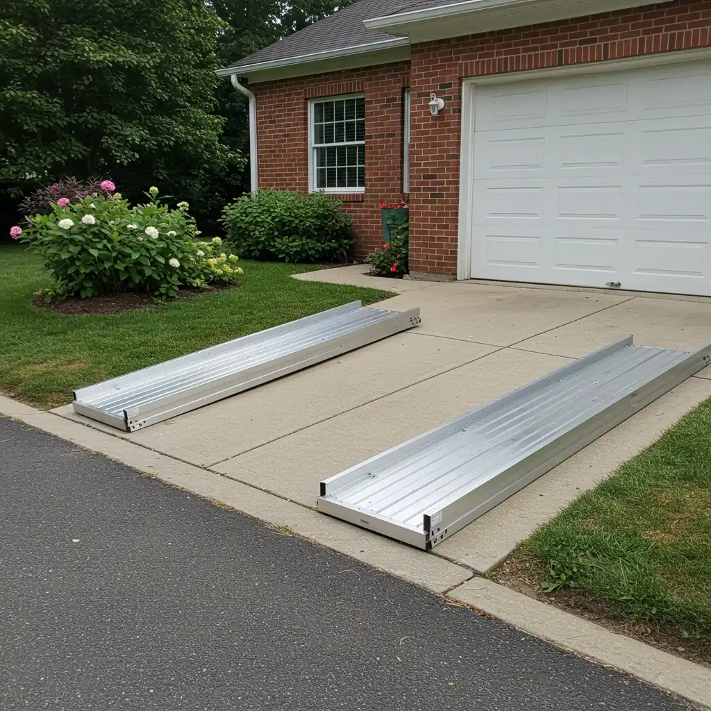 Rampes modulaires en aluminium installées en bas d'une pente de garage pour adoucir la transition
