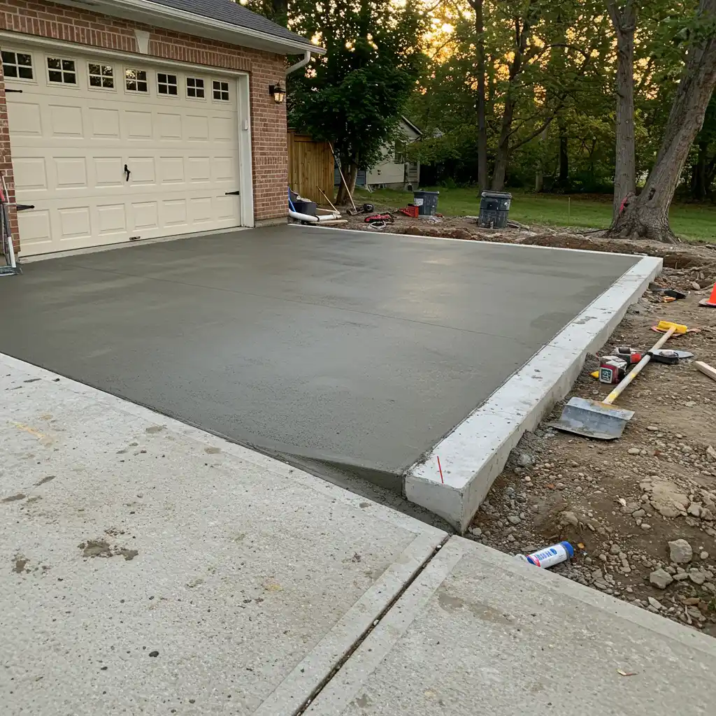 Rallongement en béton fraîchement coulé sur une rampe de garage pour réduire la pente