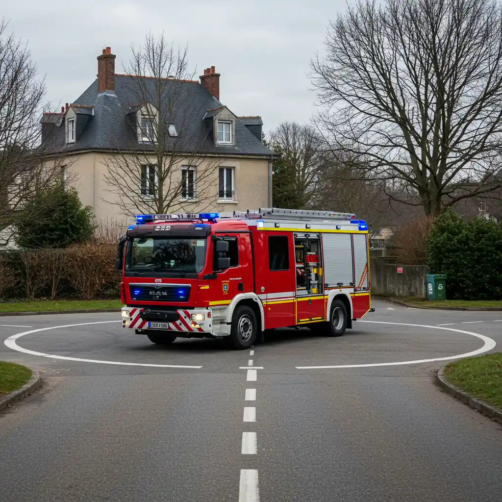 Camion de pompiers effectuant un demi-tour sur une aire de retournement en tête d'impasse sur voie privée