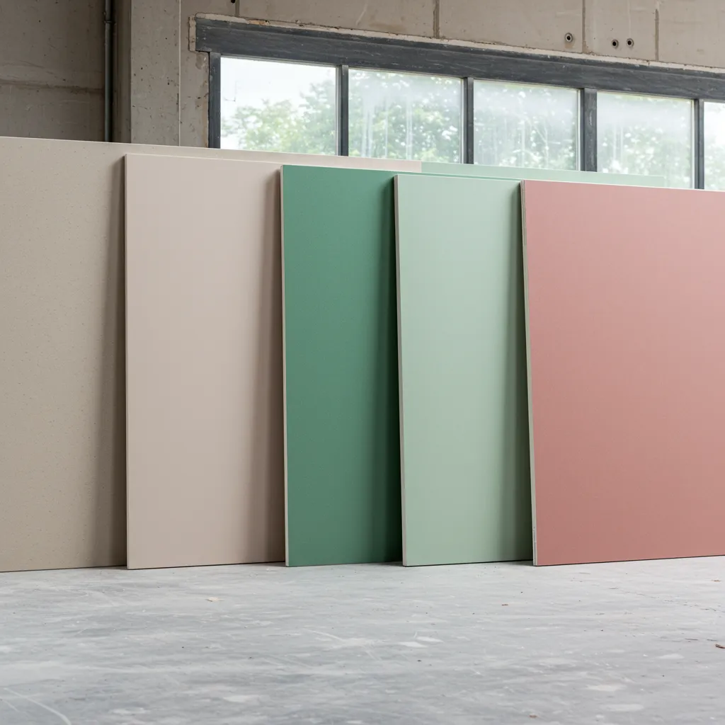 Différentes variantes de plaques de plâtre spécialisées alignées sur un chantier