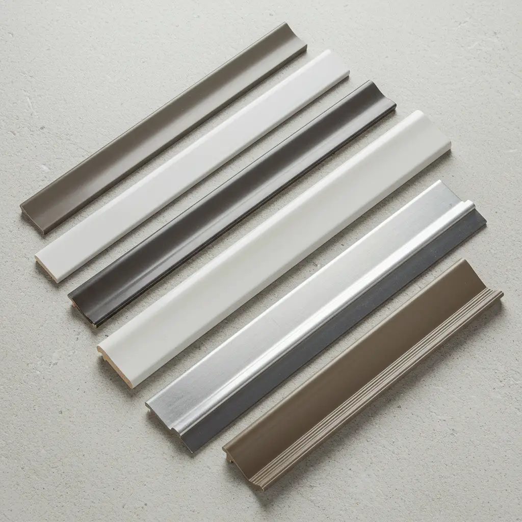 Vue de dessus des huit types de profilés de finition pour carrelage classés par forme sur surface béton