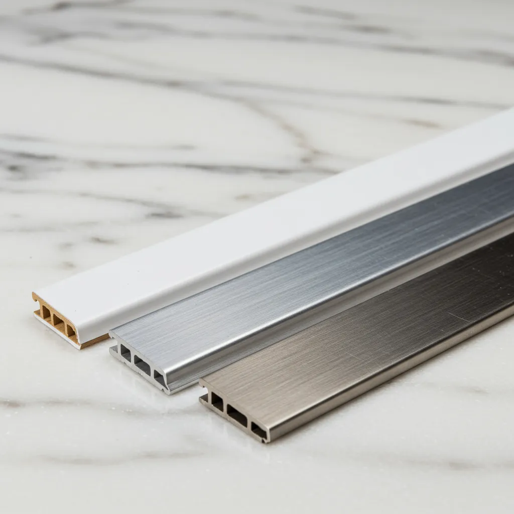 Comparatif de trois matériaux de baguettes de carrelage : PVC blanc, aluminium standard et inox brossé