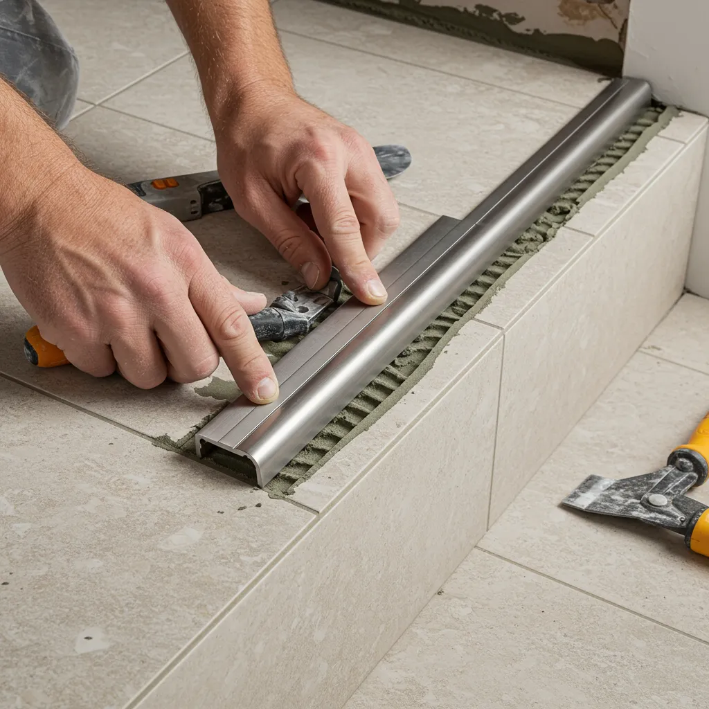 Pose professionnelle d'un nez de marche en inox sur un escalier carrelé lors d'un chantier de finition