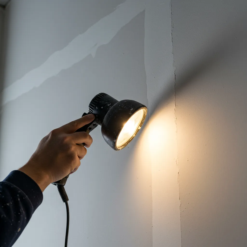 Lampe rasante révélant les défauts d'une bande placo trop poncée sur un mur blanc