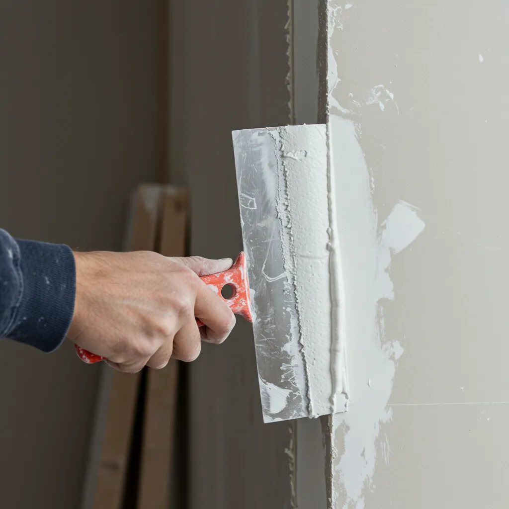 Application d'une fine couche d'enduit de finition sur une bande placo endommagée avec une spatule large