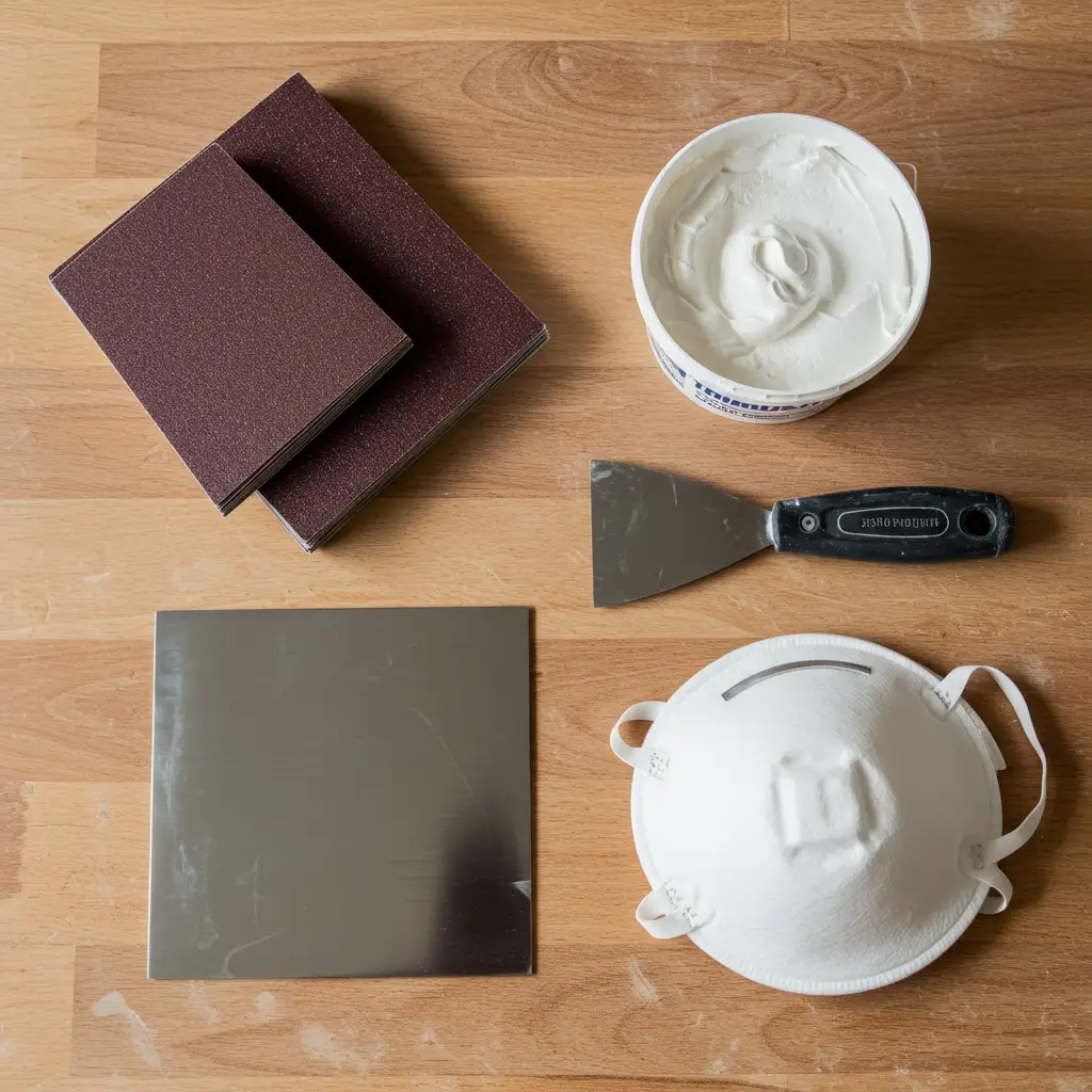 Outils de finition placo disposés sur un établi : cale à poncer grain 120, spatule large, enduit de finition et masque anti-poussière
