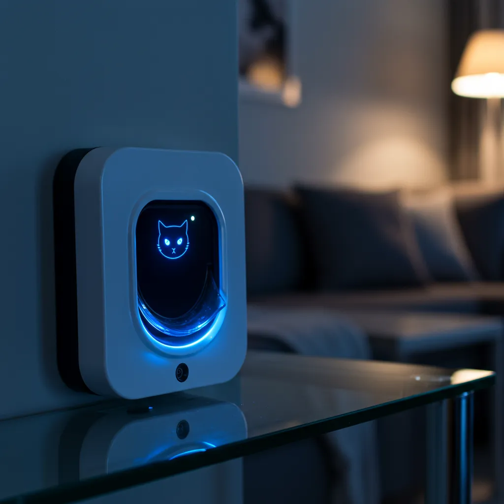 Chatière connectée électronique avec capteur numérique installée sur une baie vitrée, version technologique 2026