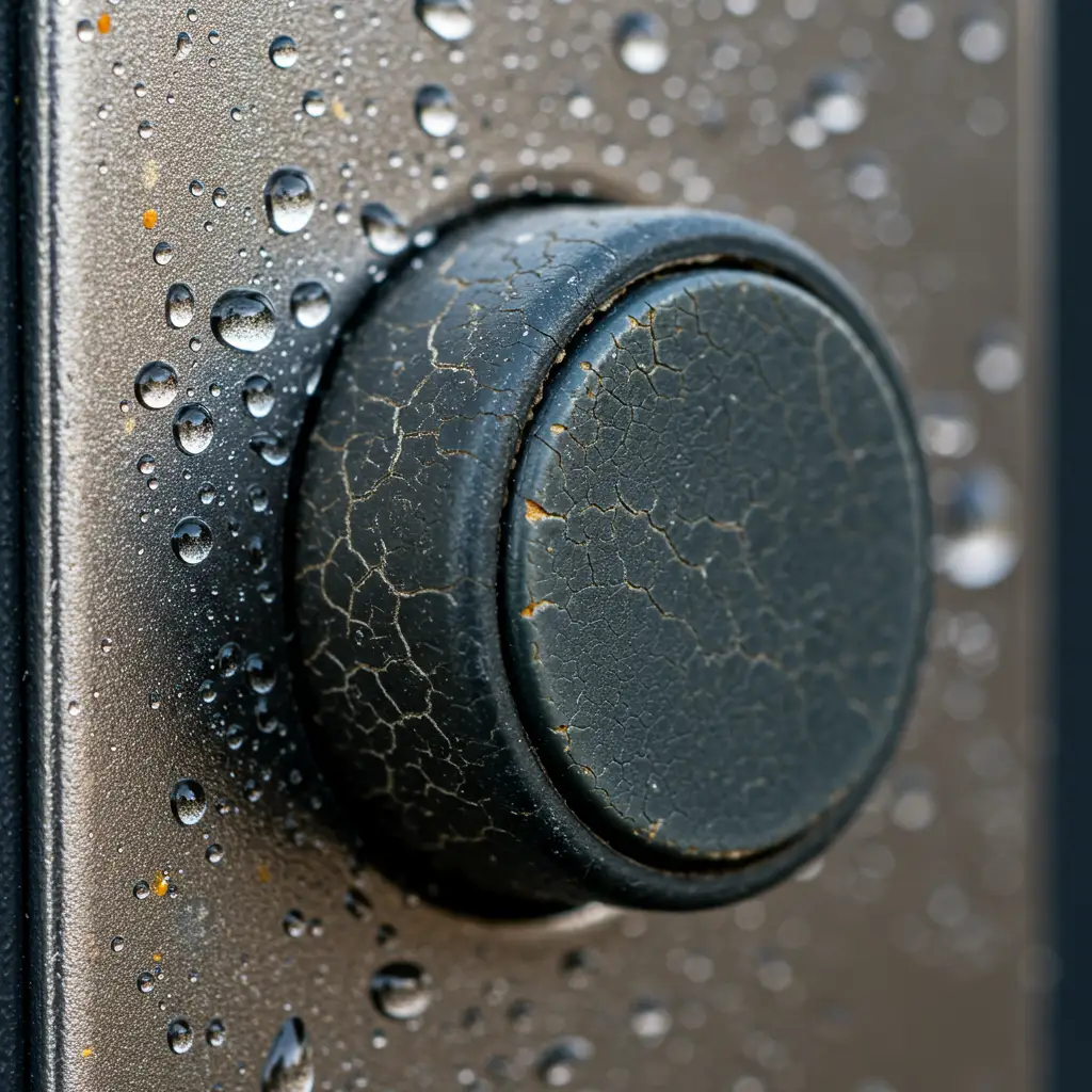 Gros plan sur un bouton poussoir d'interphone usé avec traces d'oxydation et capuchon craquelé