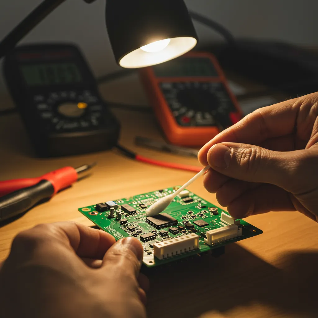 Nettoyage des contacts d'un interphone avec de l'alcool isopropylique lors d'une intervention de maintenance